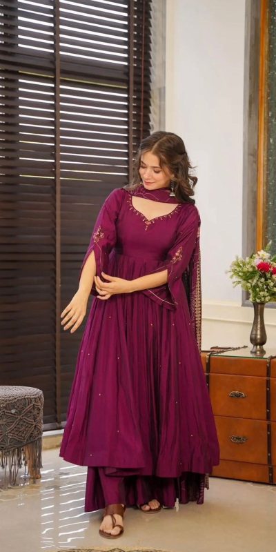 Superb Purple Color Chinnon Silk Embroidery Salwar Suit
