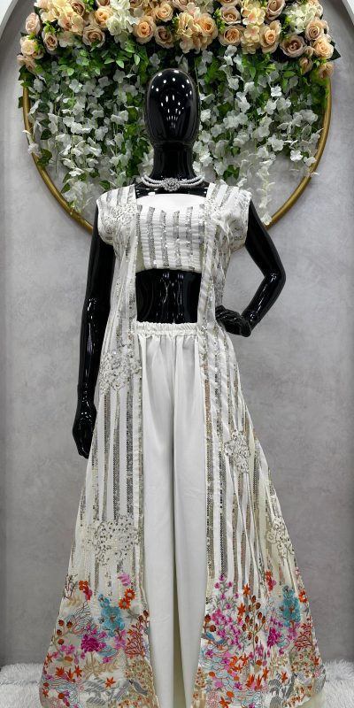 Superb White Color Georgette Thread Sequence Salwar Suit