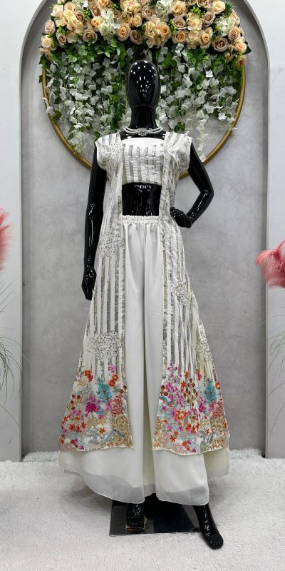 Superb White Color Georgette Thread Sequence Salwar Suit