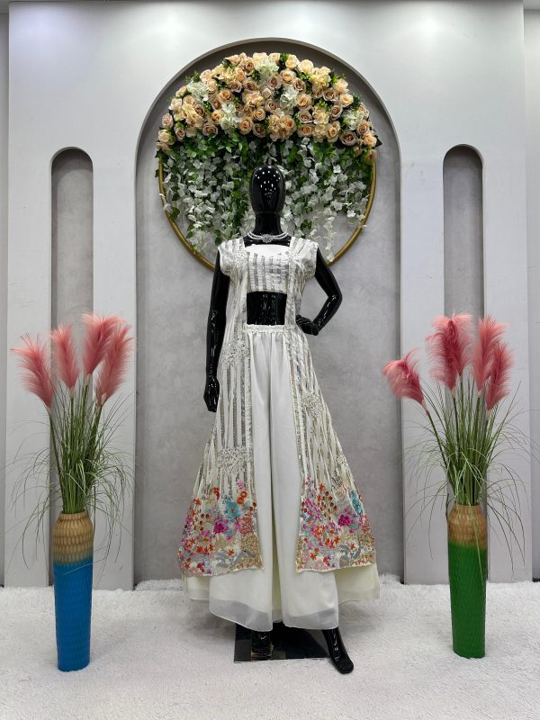 Superb White Color Georgette Thread Sequence Salwar Suit