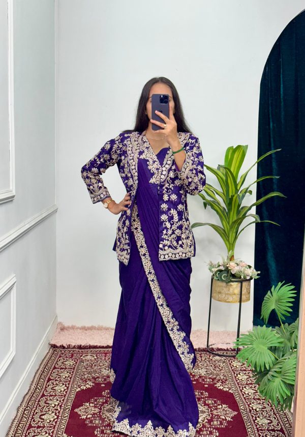 Pretty Royal Blue Color Chinon Embroidery Work Koti And Saree