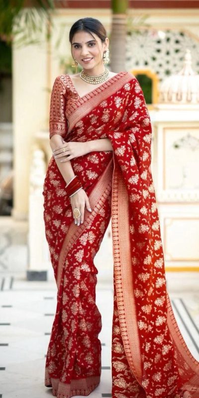 KP 5079 Red Color Soft Lichi Silk Jacquard On All Over Saree Casual, Party Wear, Wedding, Events Etc. Expected Delivery 4-6 Working Days @1449/- | Sarees, Bollywood Sarees, Creative Sarees, Designer Sarees, Embroidered Sarees, Ethnic Saree, Modern Digital sarees, Party Wear Sarees