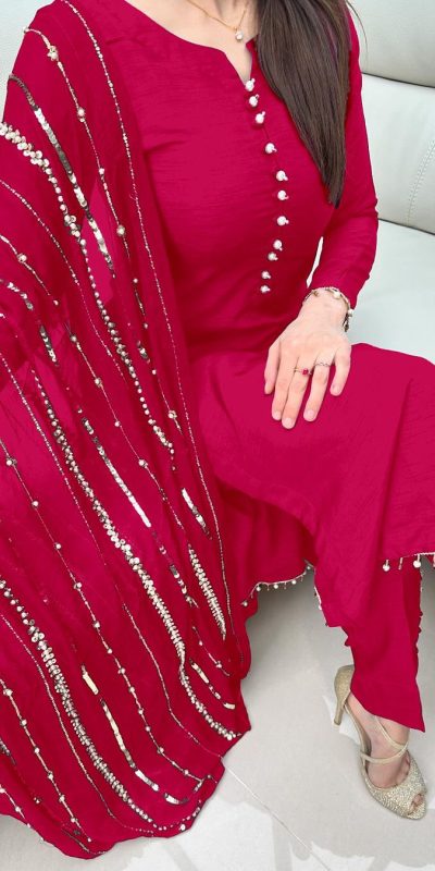 Aglow Pink Color Chinnon Silk Embroidery Coding Dori Salwar Suit