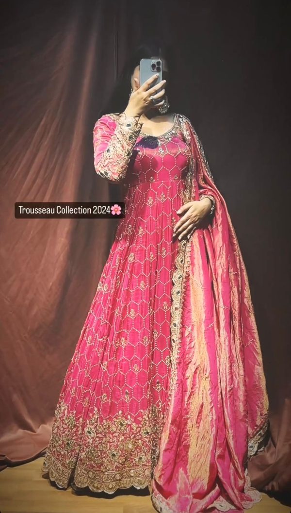 Aglow Pink Color Chinnon Silk Embroidery Sequence Gown