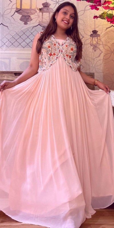 Aglow Pink Color Georgette Embroidery Dori And Multi Gown