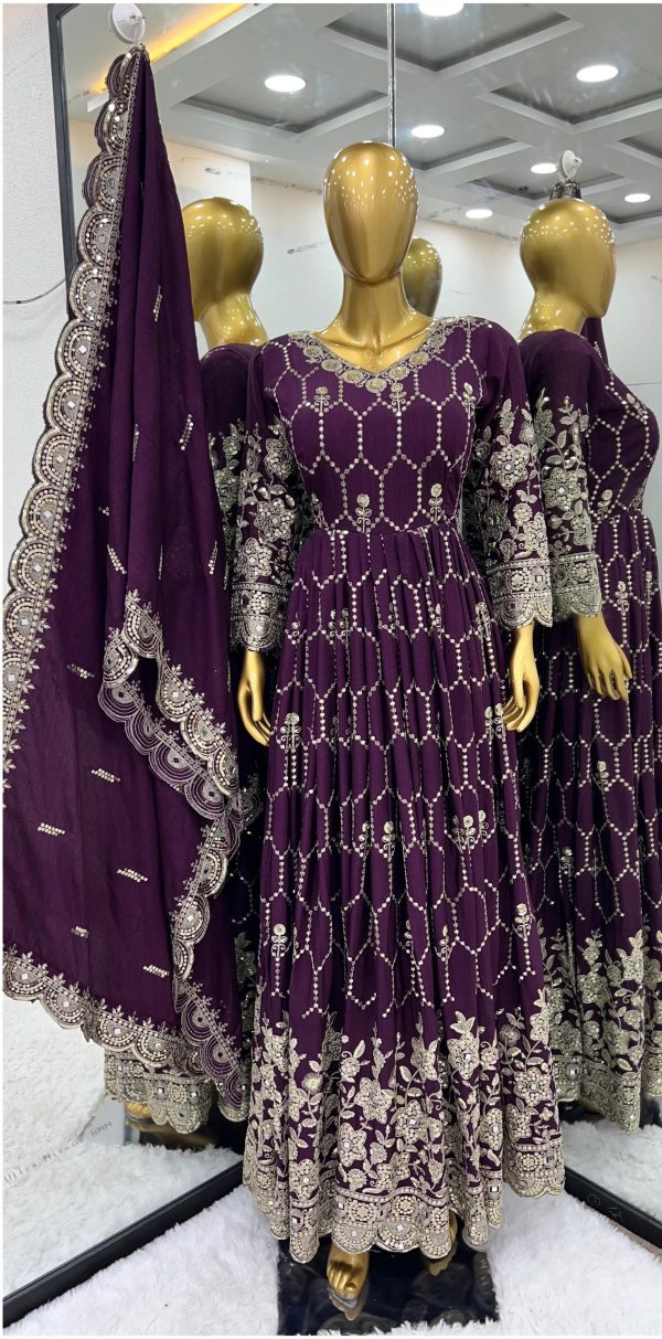 Aglow Purple Color Chinnon Silk Embroidery Sequence Gown
