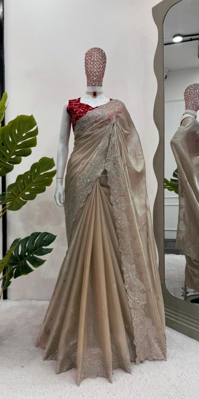 Alluring Golden Color Jimmy choo Thread Sequence Work Saree
