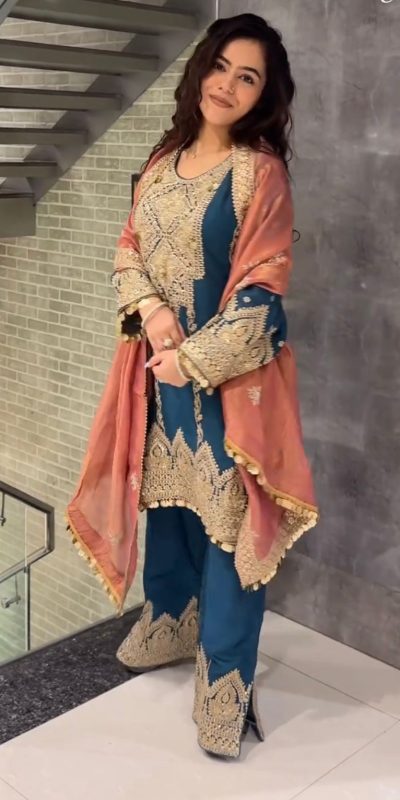 Artful Blue Color Chinon Silk Embroidery Sequence Sharara Suit