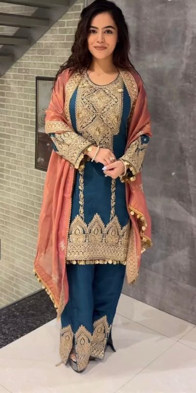 Artful Blue Color Chinon Silk Embroidery Sequence Sharara Suit