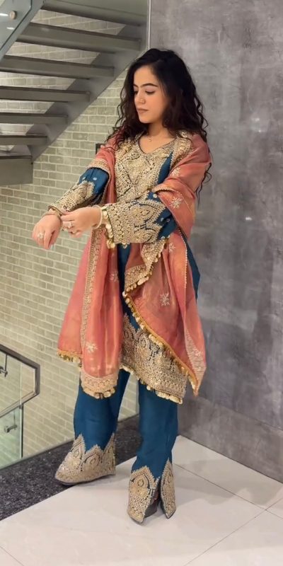 Artful Blue Color Chinon Silk Embroidery Sequence Sharara Suit