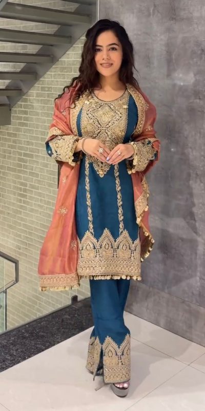 Artful Blue Color Chinon Silk Embroidery Sequence Sharara Suit