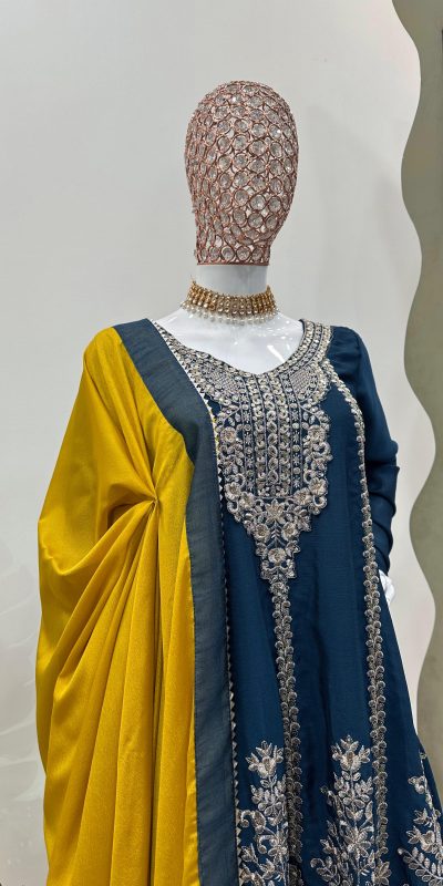 Artful Blue Color Chinon Silk Sequence Thread Work Salwar Suit
