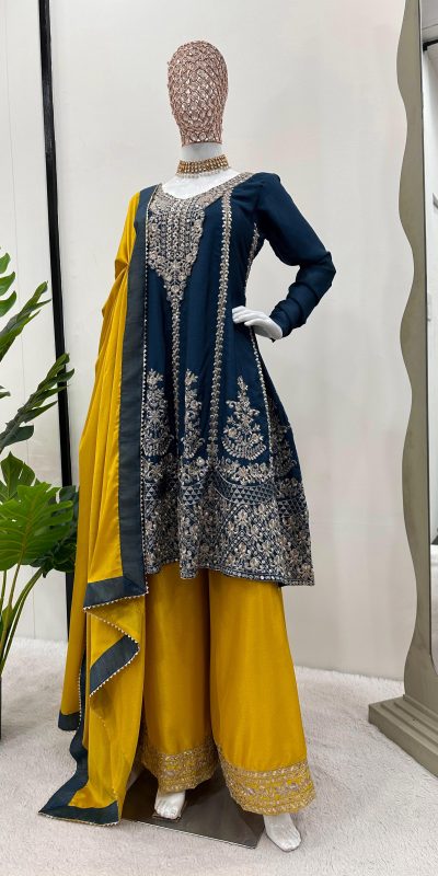 Artful Blue Color Chinon Silk Sequence Thread Work Salwar Suit