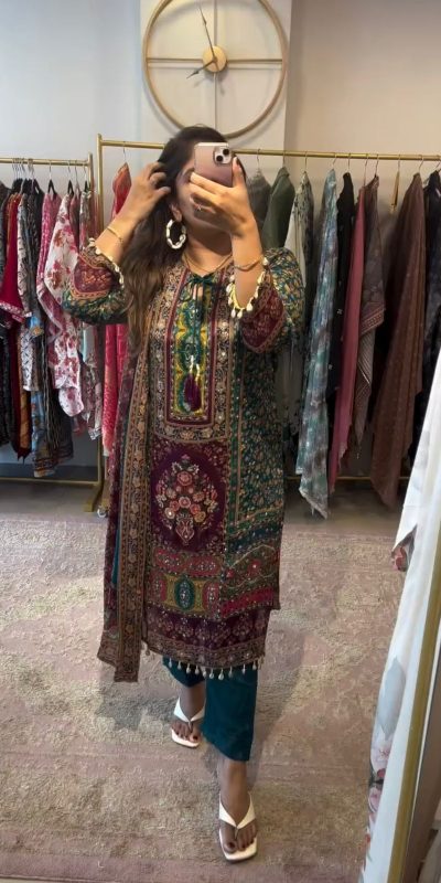 Artful Blue Georgette Digital Printed Mirror Handwork Salwar Suit