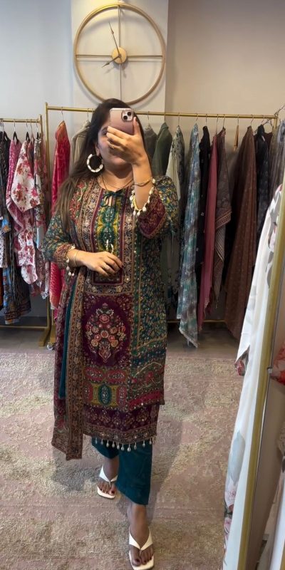 Artful Blue Georgette Digital Printed Mirror Handwork Salwar Suit