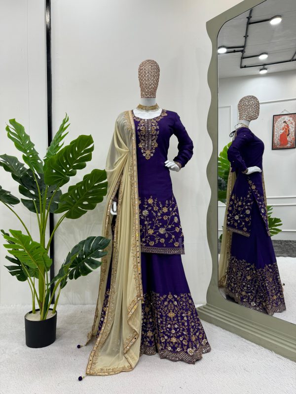 Artful Dark Violet Color Chinon Silk Sequence Thread Work Salwar Suit