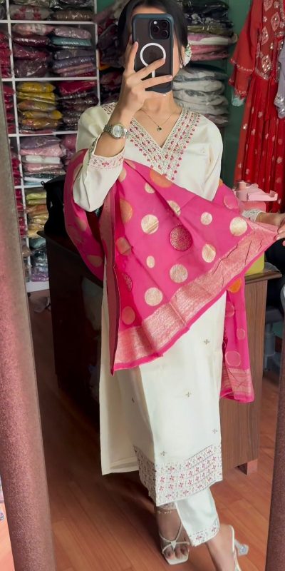 Artful White Color Chinnon Silk Embroidery Sequence Salwar Suit