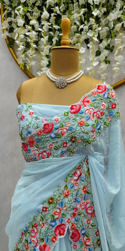 Beautiful Firozi Color Tabby Silk Thread Sequence Work Saree