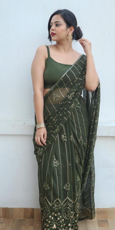Beautiful Green Color Georgette Embroidery Sequence Saree