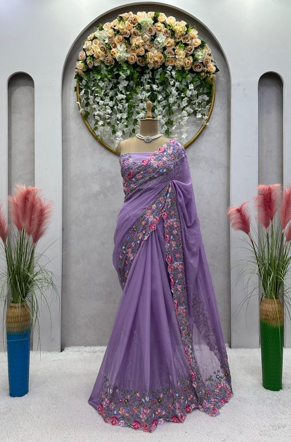 Beautiful Violet Color Tabby Silk Thread Sequence Work Saree