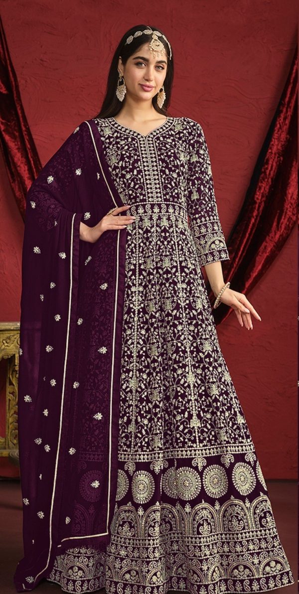 Beautiful Wine Color Georgette Embroidery Salwar Suit