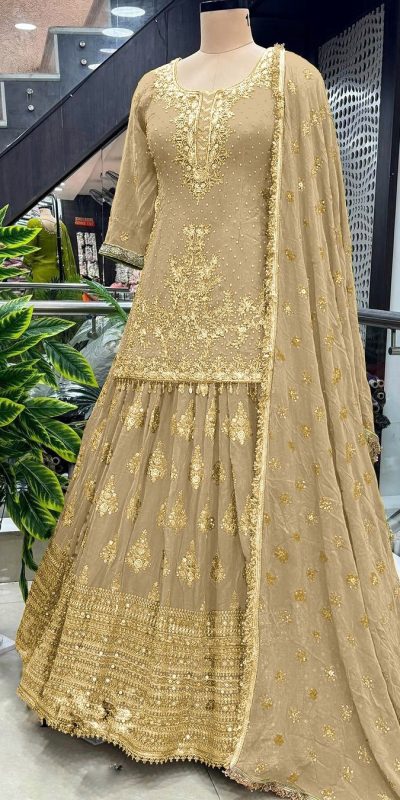 Captivating Gold Color Chinnon Silk Embroidery Lehenga Choli