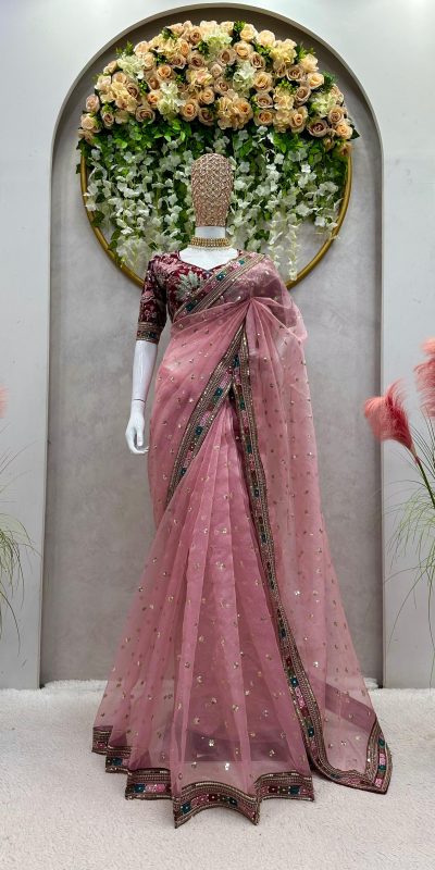 Classic Peach Color Organza Silk Thread Sequence Work Saree