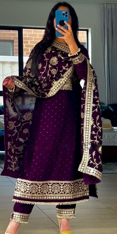 Classic Purple Color Georgette Embroidery Sequence Salwar Suit