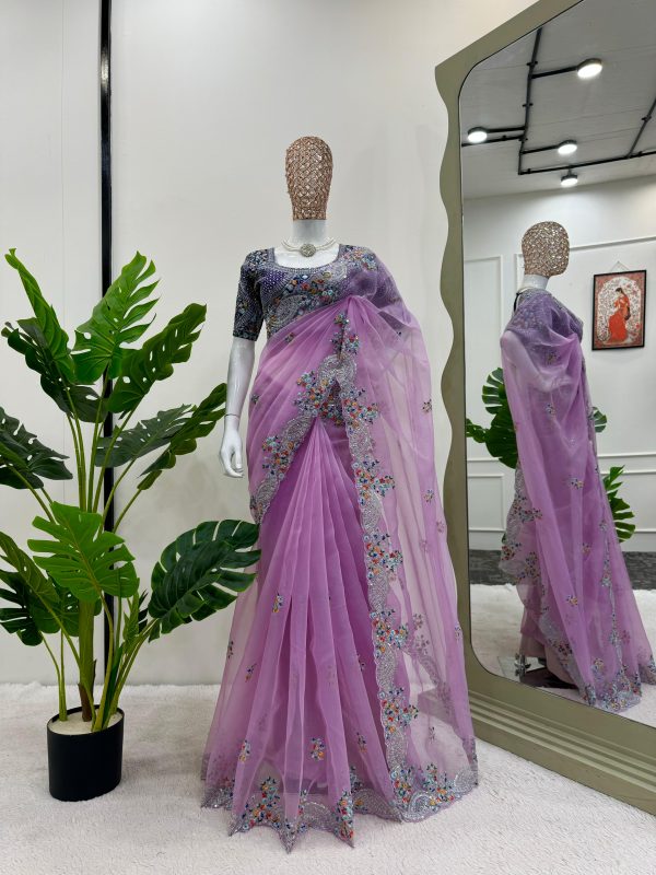 Classic Violet Color Organza Silk Thread Sequence Work Saree