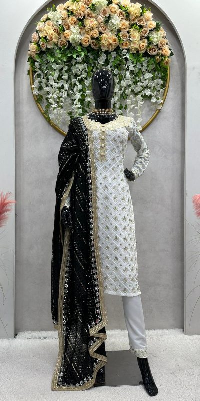 Classic White & Black Color Georgette Thread Sequence Salwar Suit