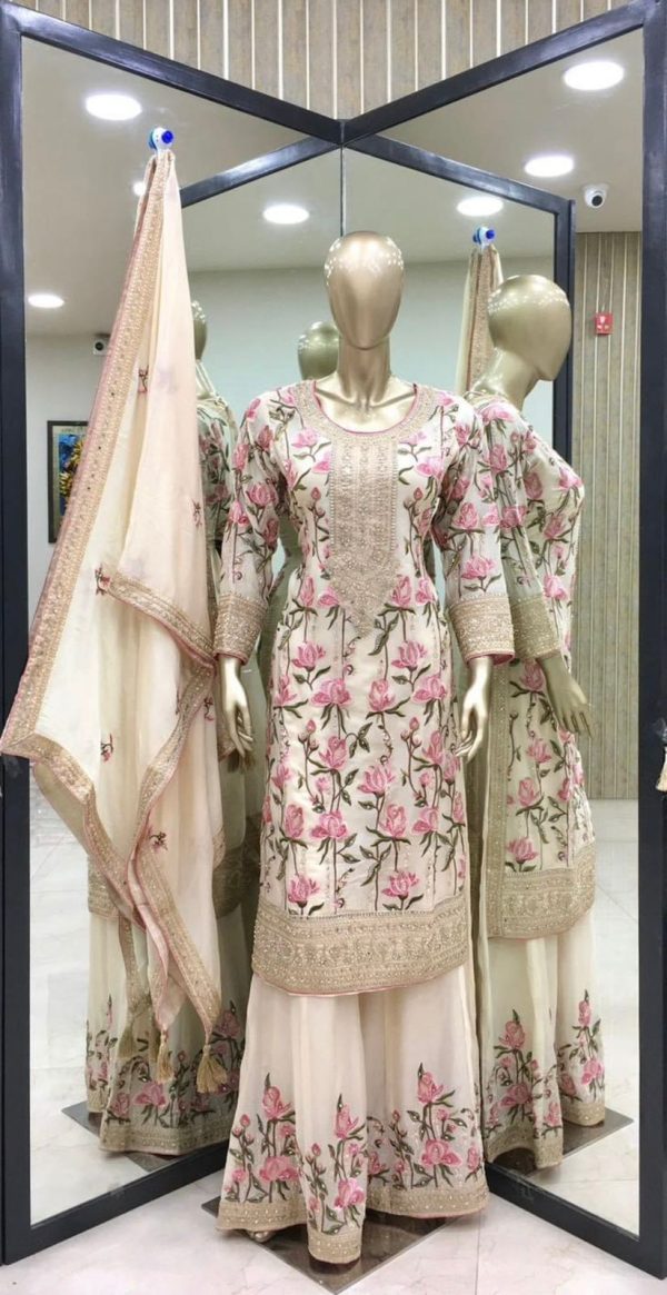Classic White Color Georgette Embroidery Coding Sharara Suit