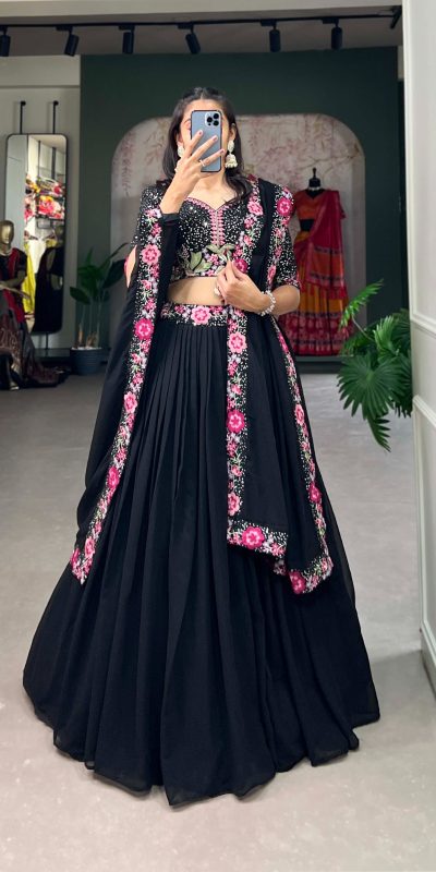 Elegant Black Color Georgette Plain Embroidery Lehenga Choli