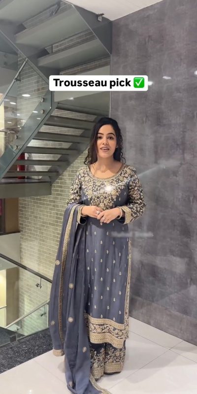 Elegant Cement Chinnon Silk Embroidery Sequence Salwar Suit