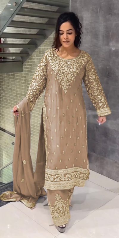 Elegant Cream Chinnon Silk Embroidery Sequence Salwar Suit