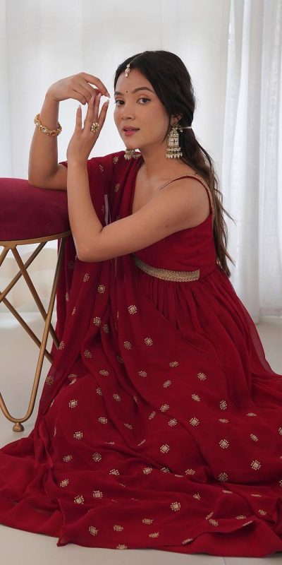 Elegant Maroon Color Georgette Embroidery Sequence Gown