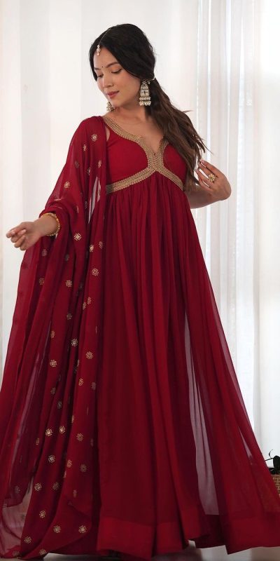 Elegant Maroon Color Georgette Embroidery Sequence Gown