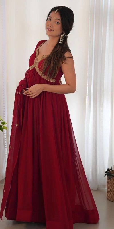 Elegant Maroon Color Georgette Embroidery Sequence Gown