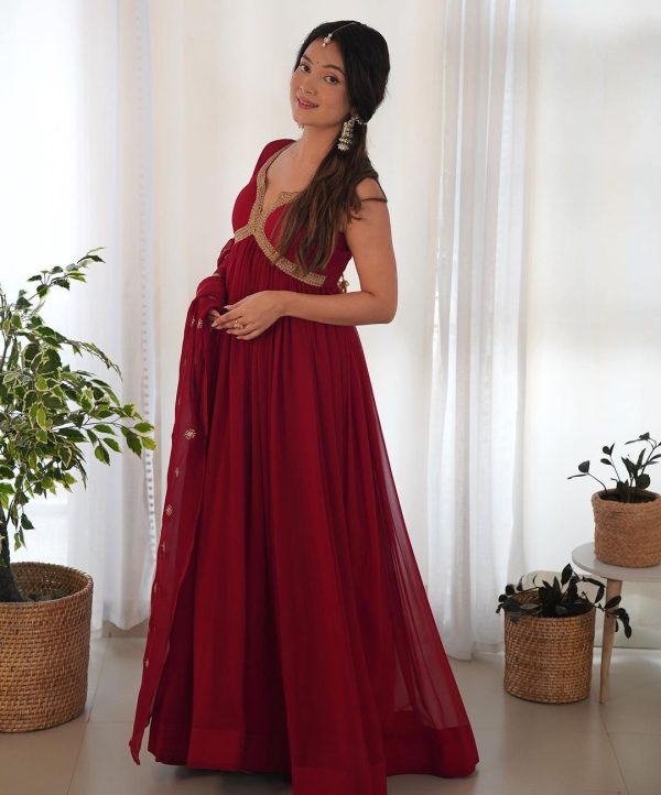 Elegant Maroon Color Georgette Embroidery Sequence Gown