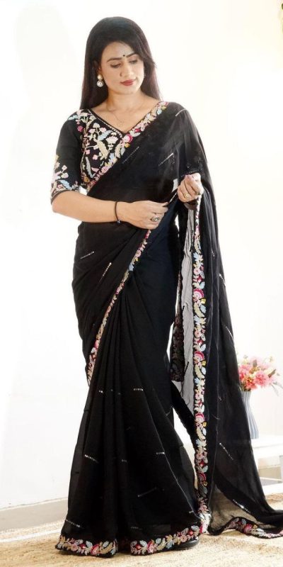 Fancy Black Color Rangoli Silk Beautiful Embroidery Saree