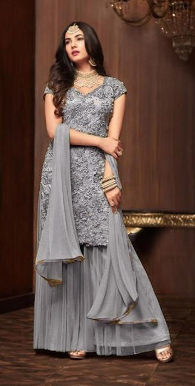 Fancy Cement Color Football Net Embroidery Sharara Suit