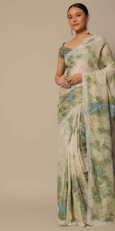 Fancy Light Pista Color Georgette Digital Printed Embroidery Saree