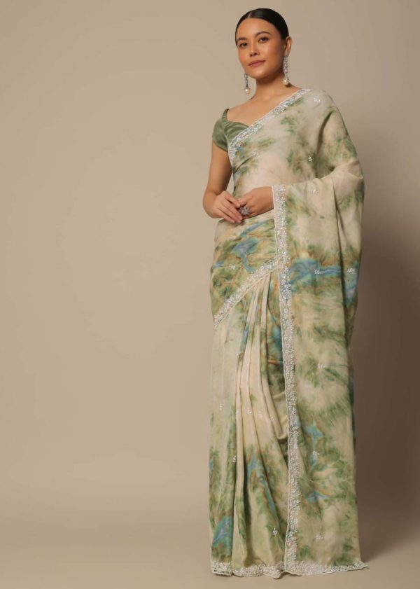 Fancy Light Pista Color Georgette Digital Printed Embroidery Saree