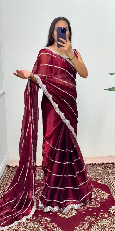 Fancy Maroon Color Burbary Blooming Embroidery Zari Saree