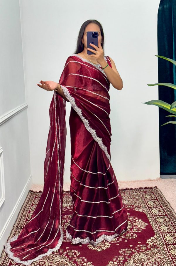 Fancy Maroon Color Burbary Blooming Embroidery Zari Saree