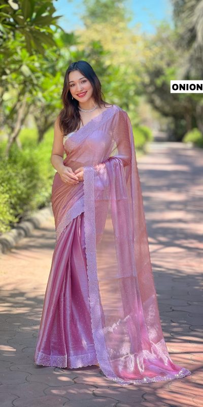 Fancy Onion Color Burberry Silk Diamond Sequins Saree