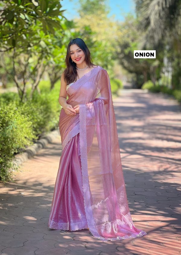 Fancy Onion Color Burberry Silk Diamond Sequins Saree