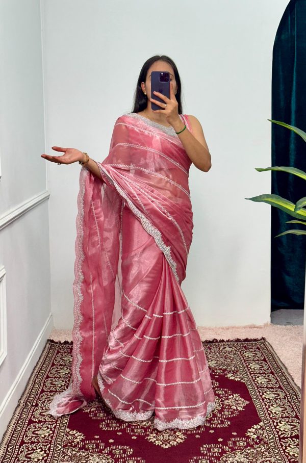 Fancy Pink Color Burberry Blooming Embroidery Zari Saree