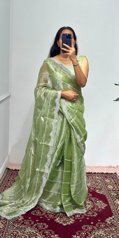 Fancy Pista Green Color Burberry Blooming Embroidery Zari Saree