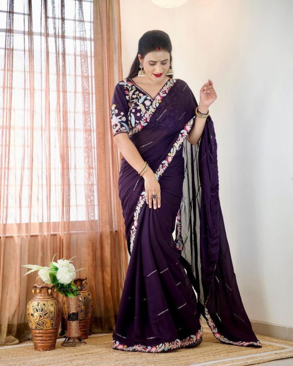 Fancy Purple Color Rangoli Silk Beautiful Embroidery Saree