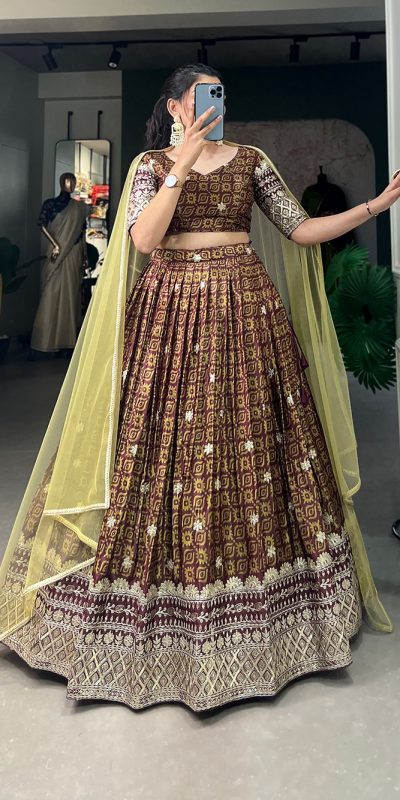 Grand Burgundy Color Chinon Digital Printed Embroidery Lehenga Choli